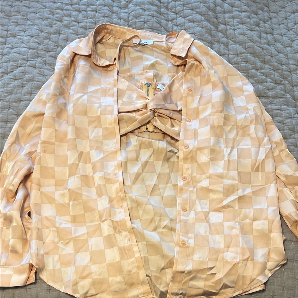 Orange Checkered Button-Up Silk Blouse and Bralette